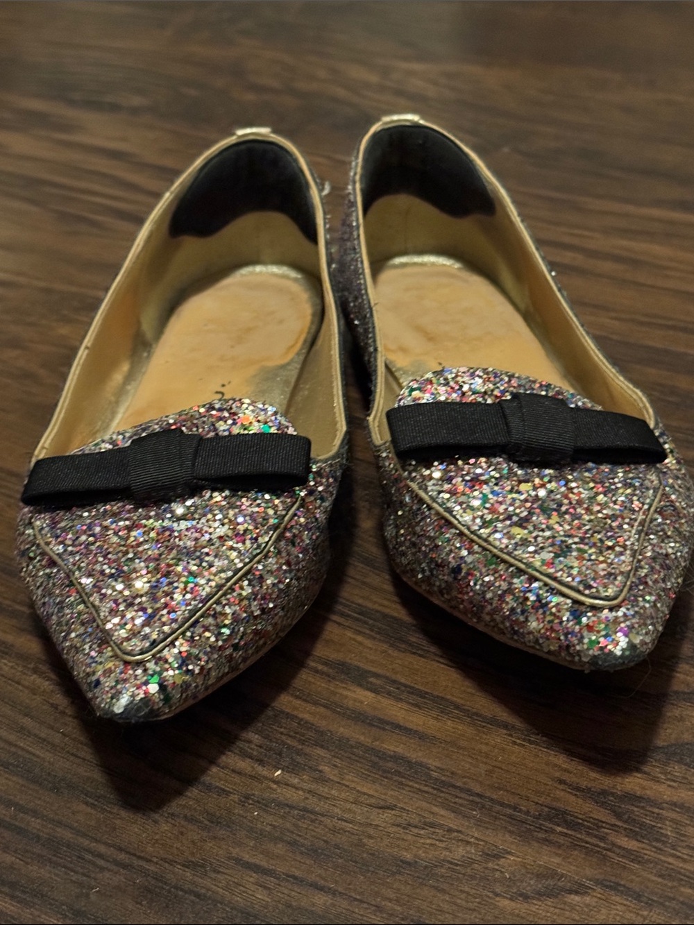 kate spade Multicolor Glitter Pointed-Toe Flats with Black Bow